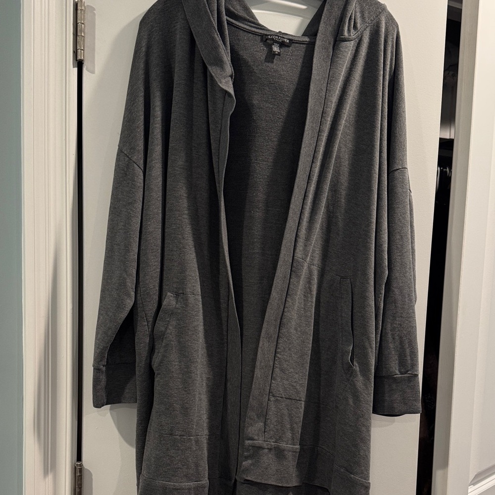 Eileen Fisher Woman Gray Knit Top/long duster with hood + pockets. Good cond.